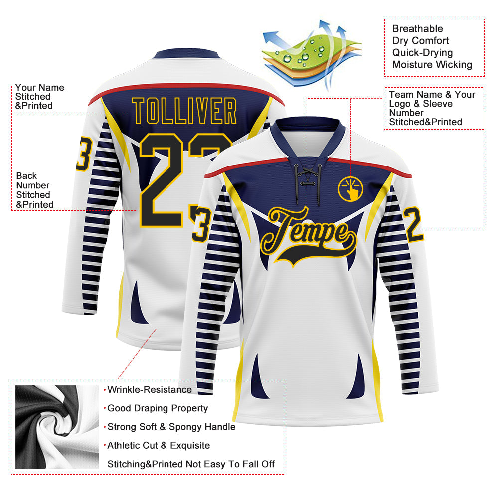 Custom White Black Navy Red-Yellow 3D Abstract Pattern Graphic Cyber Mecha E-sport Hockey Lace Neck Jersey