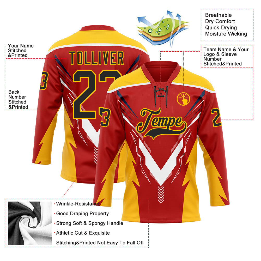 Custom Red Black Yellow-White 3D Abstract Pattern Graphic Cyber Mecha E-sport Hockey Lace Neck Jersey