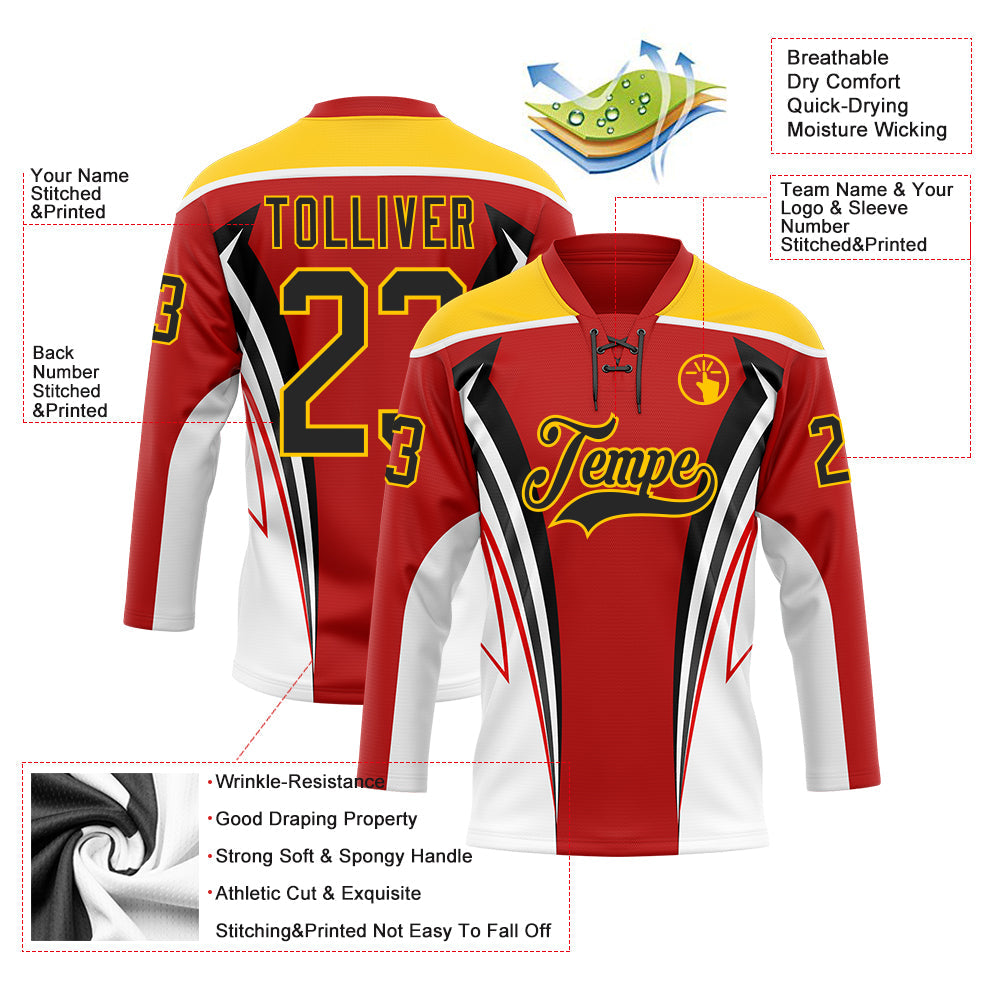 Custom Red Black Yellow-White 3D Abstract Pattern Graphic Cyber Mecha E-sport Hockey Lace Neck Jersey