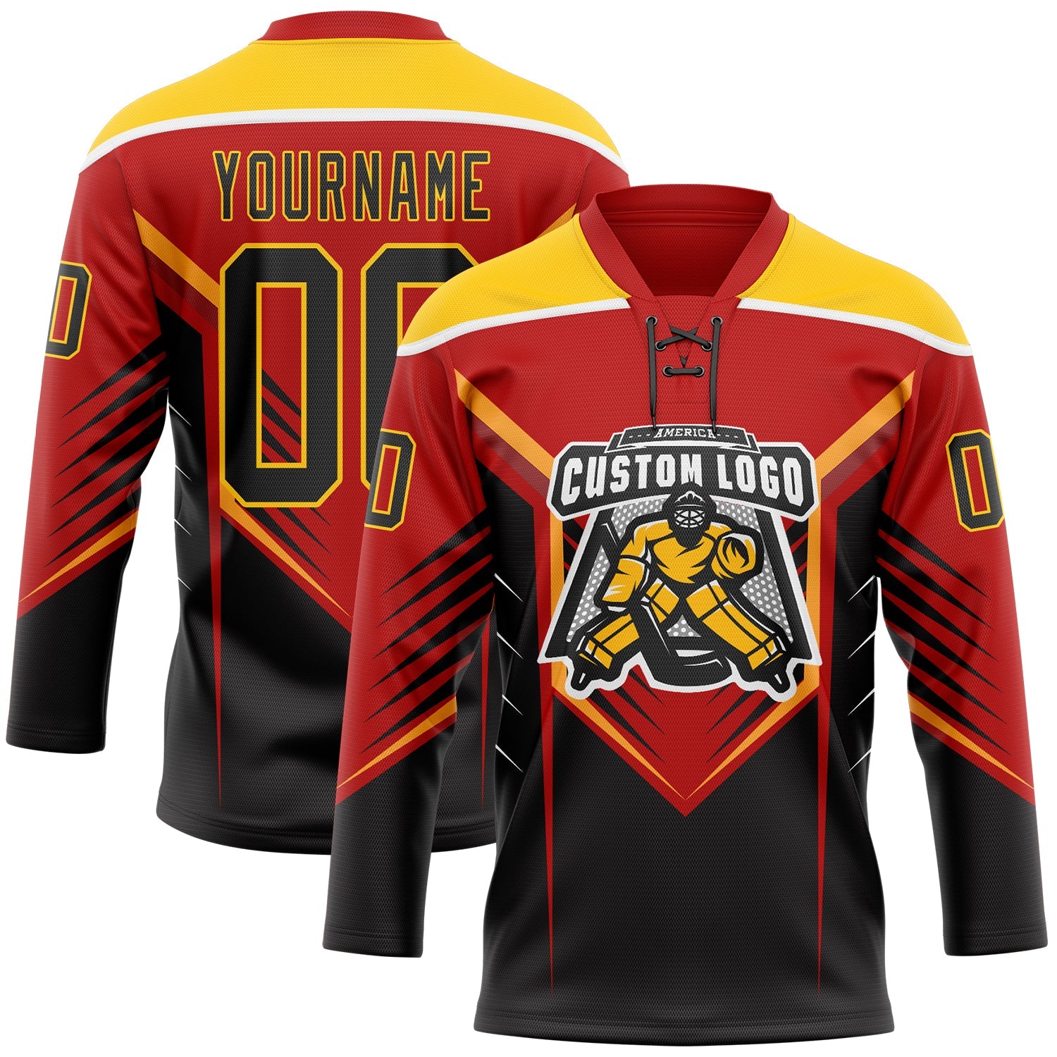 Custom Red Black Yellow-White 3D Abstract Pattern Graphic Cyber Mecha E-sport Hockey Lace Neck Jersey