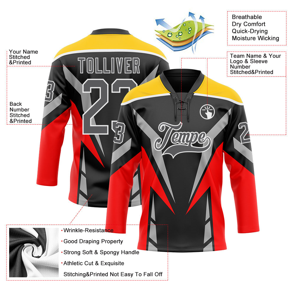 Custom Black Steel Gray Red Yellow-White 3D Abstract Pattern Graphic Cyber Mecha E-sport Hockey Lace Neck Jersey