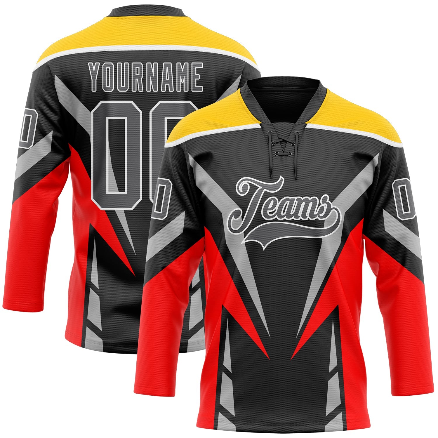 Custom Black Steel Gray Red Yellow-White 3D Abstract Pattern Graphic Cyber Mecha E-sport Hockey Lace Neck Jersey