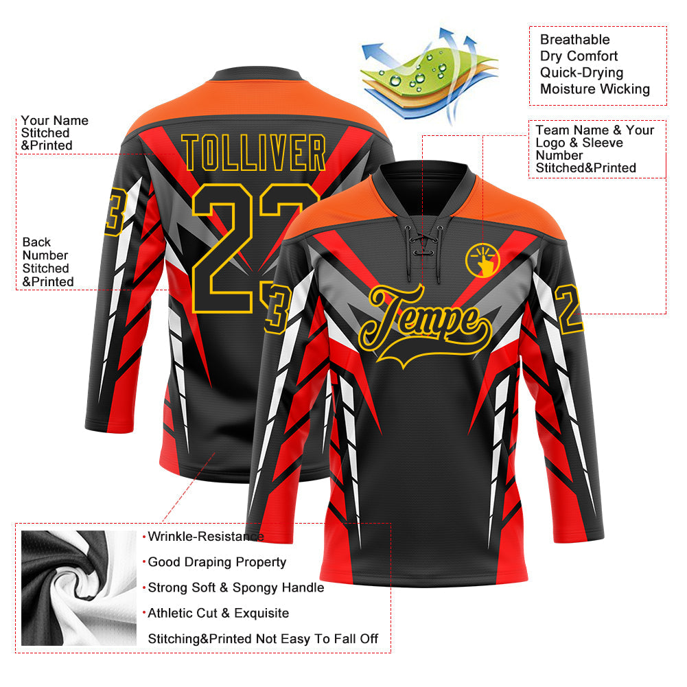 Custom Black Red Gray Orange-Yellow 3D Abstract Pattern Graphic Cyber Mecha E-sport Hockey Lace Neck Jersey