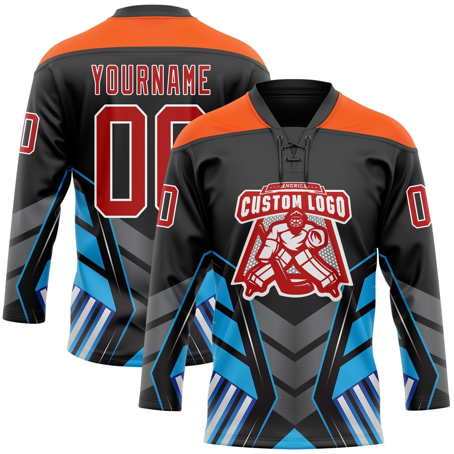 Custom Black Red Blue Gray Orange-White 3D Abstract Pattern Graphic Cyber Mecha E-sport Hockey Lace Neck Jersey