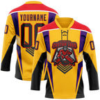 Custom Gold Black Fire Red Purple-White 3D Abstract Pattern Graphic Cyber Mecha E-sport Hockey Lace Neck Jersey