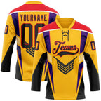 Custom Gold Black Fire Red Purple-White 3D Abstract Pattern Graphic Cyber Mecha E-sport Hockey Lace Neck Jersey