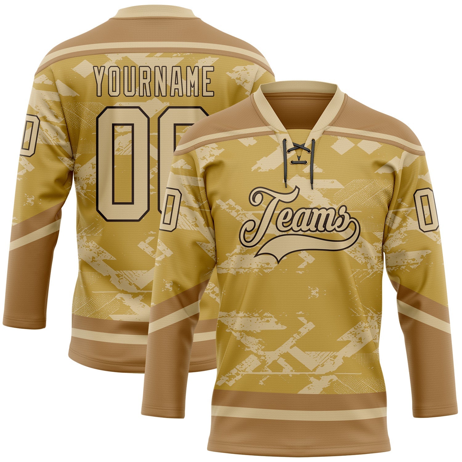 Custom Old Gold Vegas Gold Brown-Black 3D Pattern Tribal Indigenous Grunge Splash Hockey Lace Neck Jersey
