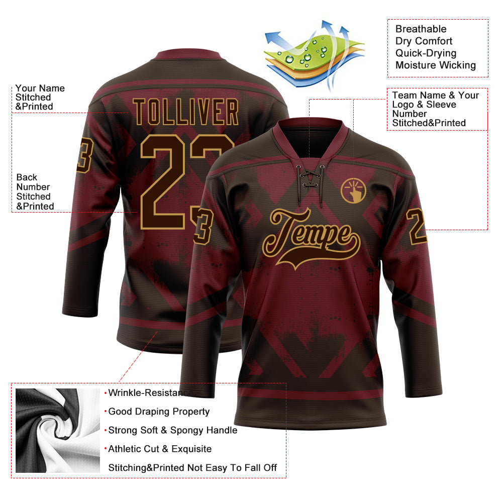 Custom Burgundy Brown-Old Gold 3D Pattern Tribal Indigenous Grunge Splash Hockey Lace Neck Jersey