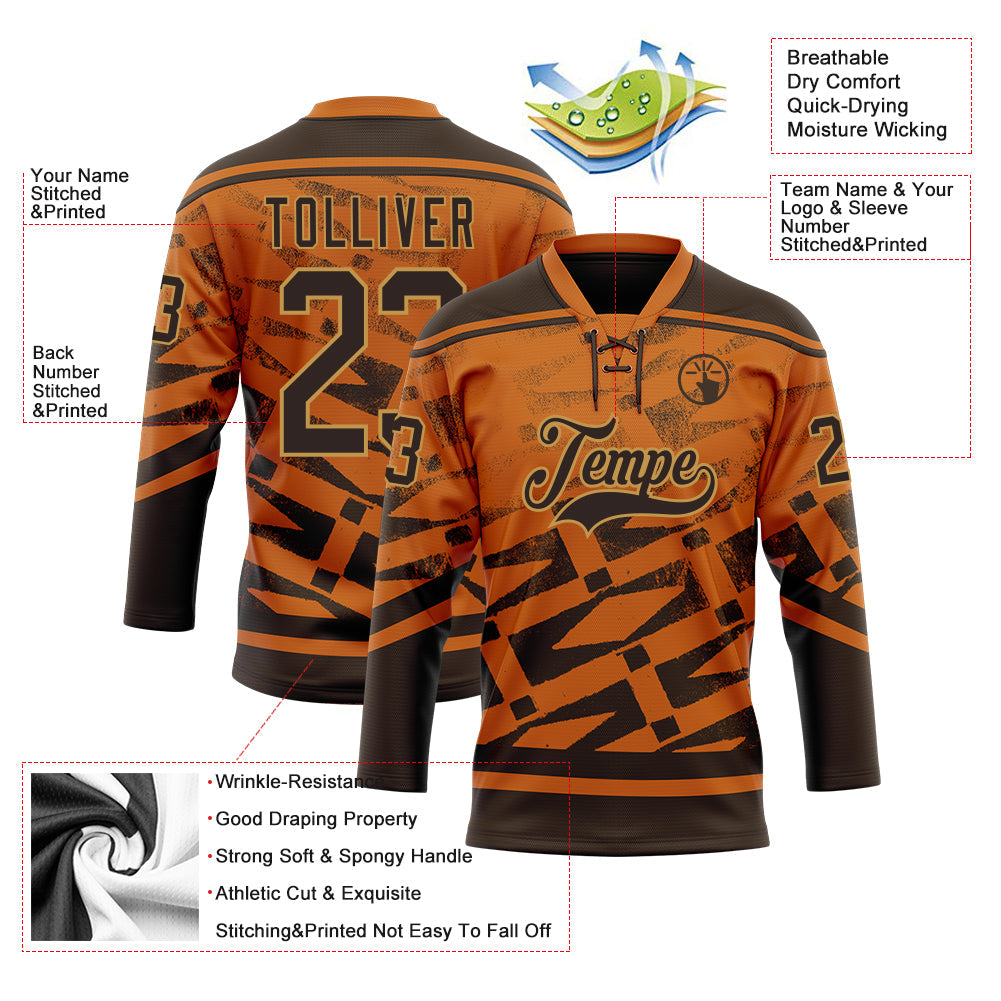 Custom Texas Orange Brown-Old Gold 3D Pattern Tribal Indigenous Gradient Geometric Splash Hockey Lace Neck Jersey