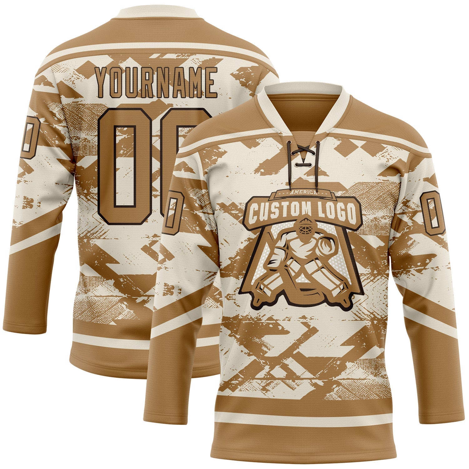 Custom Cream Old Gold-Brown 3D Pattern Tribal Indigenous Grunge Splash Hockey Lace Neck Jersey