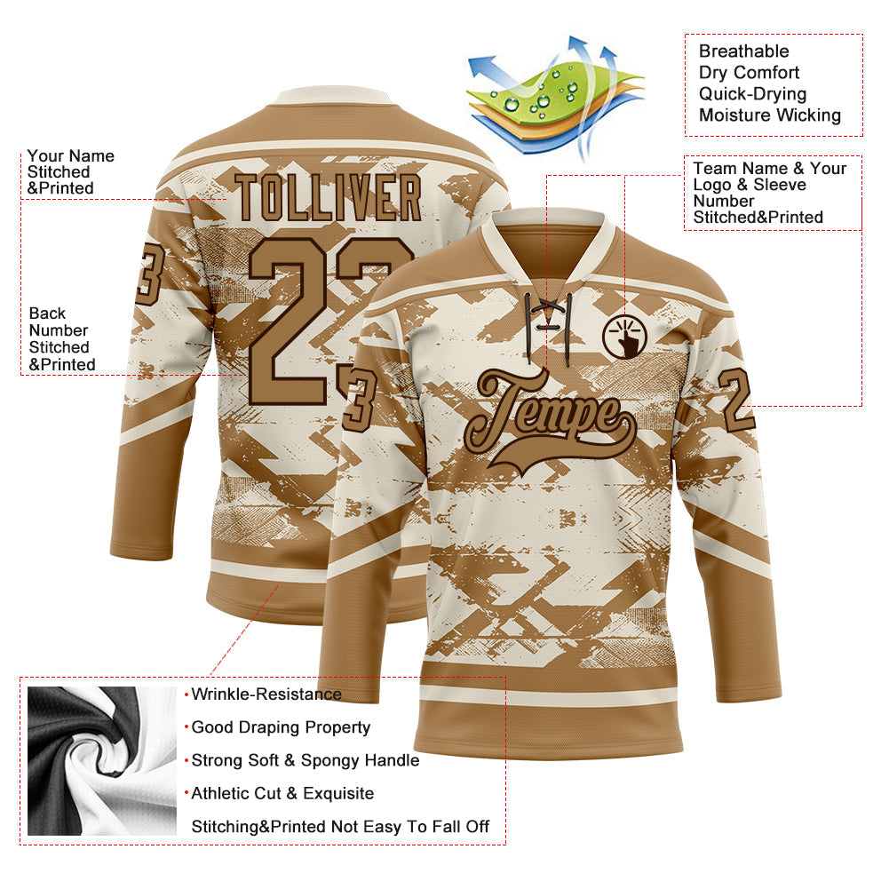 Custom Cream Old Gold-Brown 3D Pattern Tribal Indigenous Grunge Splash Hockey Lace Neck Jersey