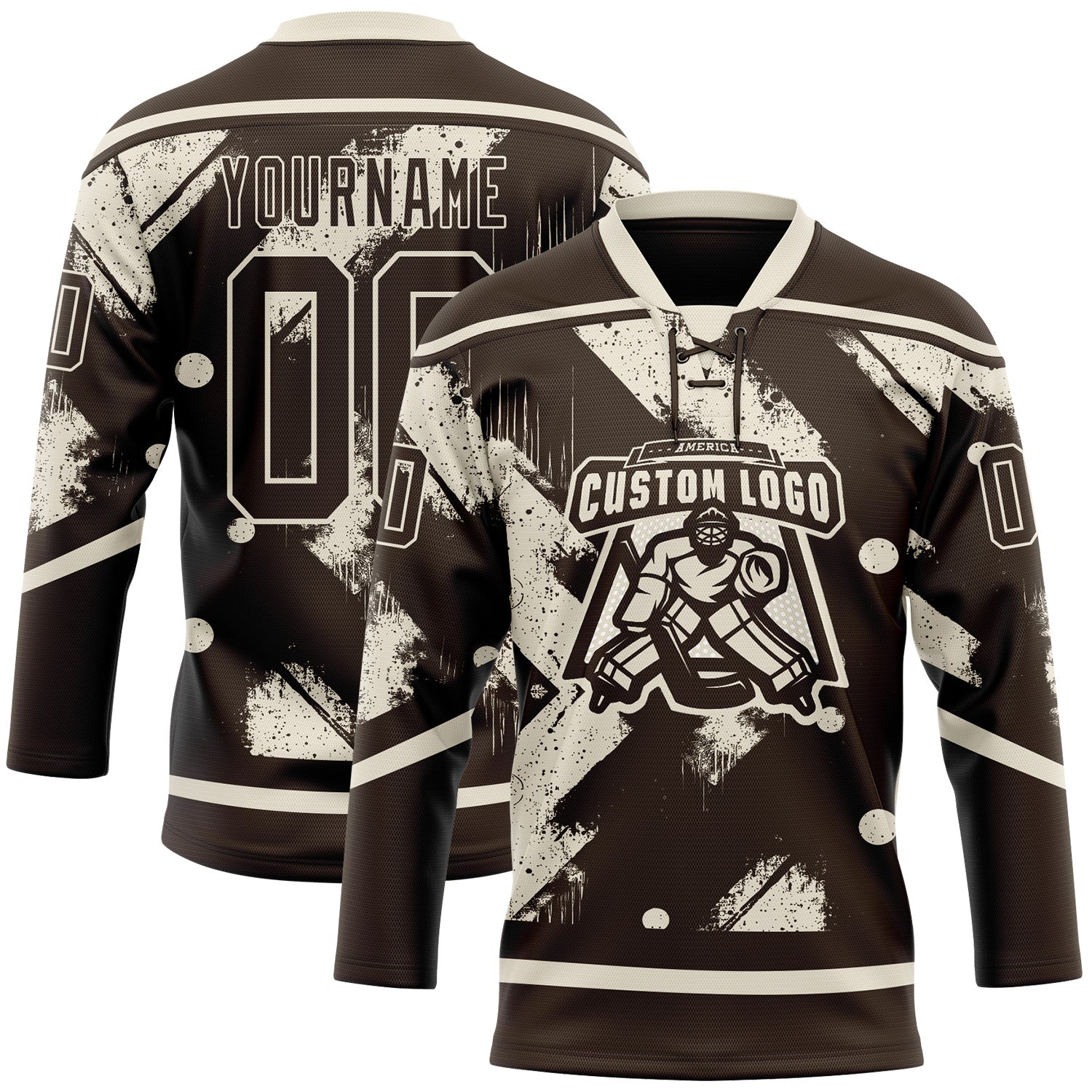 Custom Brown Cream 3D Pattern Tribal Indigenous Grunge Splash Hockey Lace Neck Jersey
