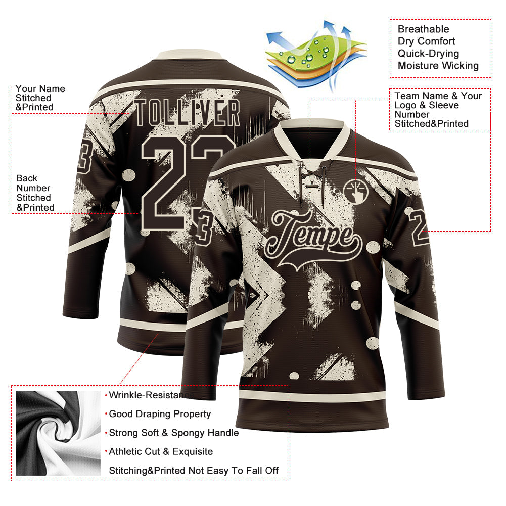 Custom Brown Cream 3D Pattern Tribal Indigenous Grunge Splash Hockey Lace Neck Jersey
