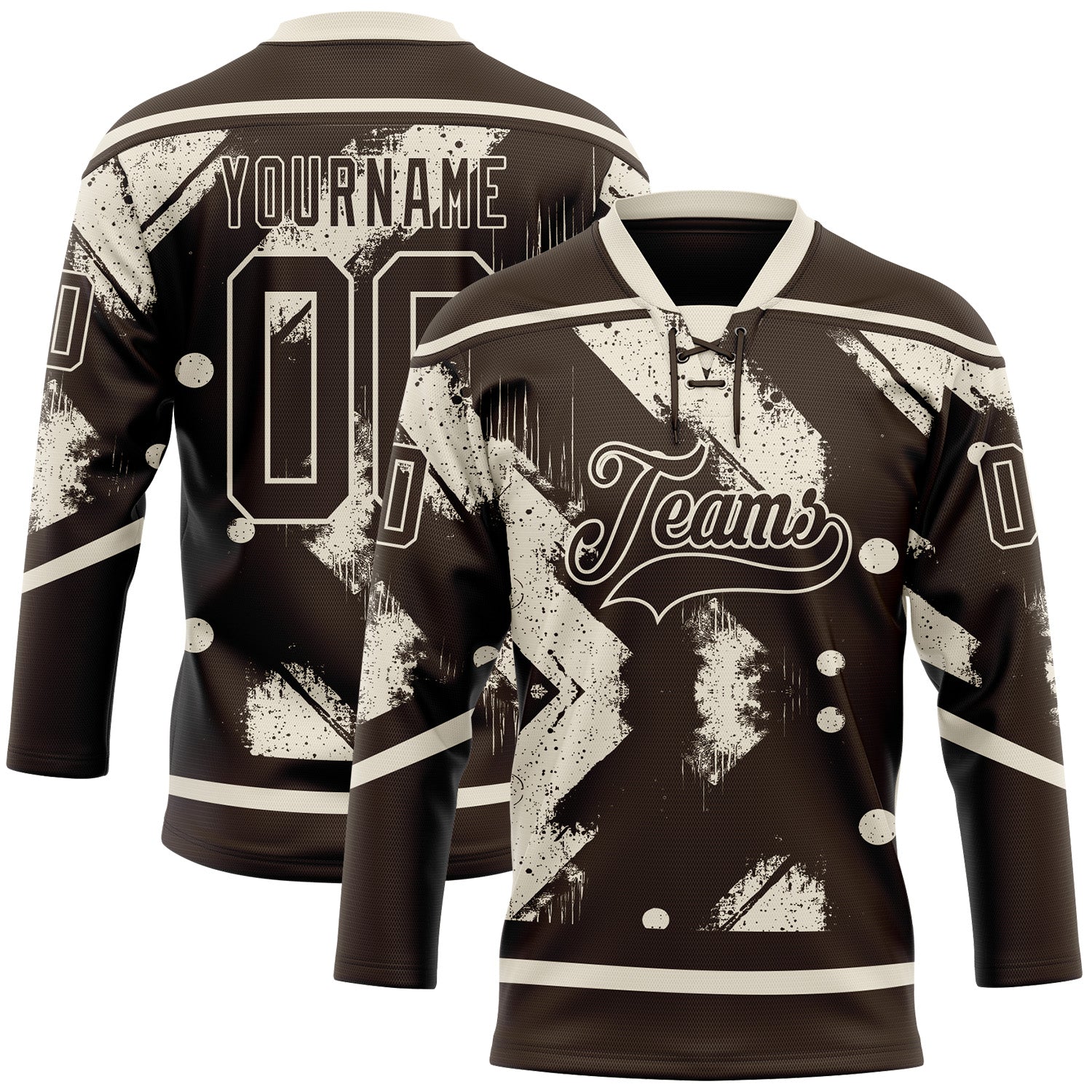 Custom Brown Cream 3D Pattern Tribal Indigenous Grunge Splash Hockey Lace Neck Jersey