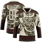 Custom Cream Olive Brown-Burgundy 3D Pattern Tribal Indigenous Grunge Splash Hockey Lace Neck Jersey