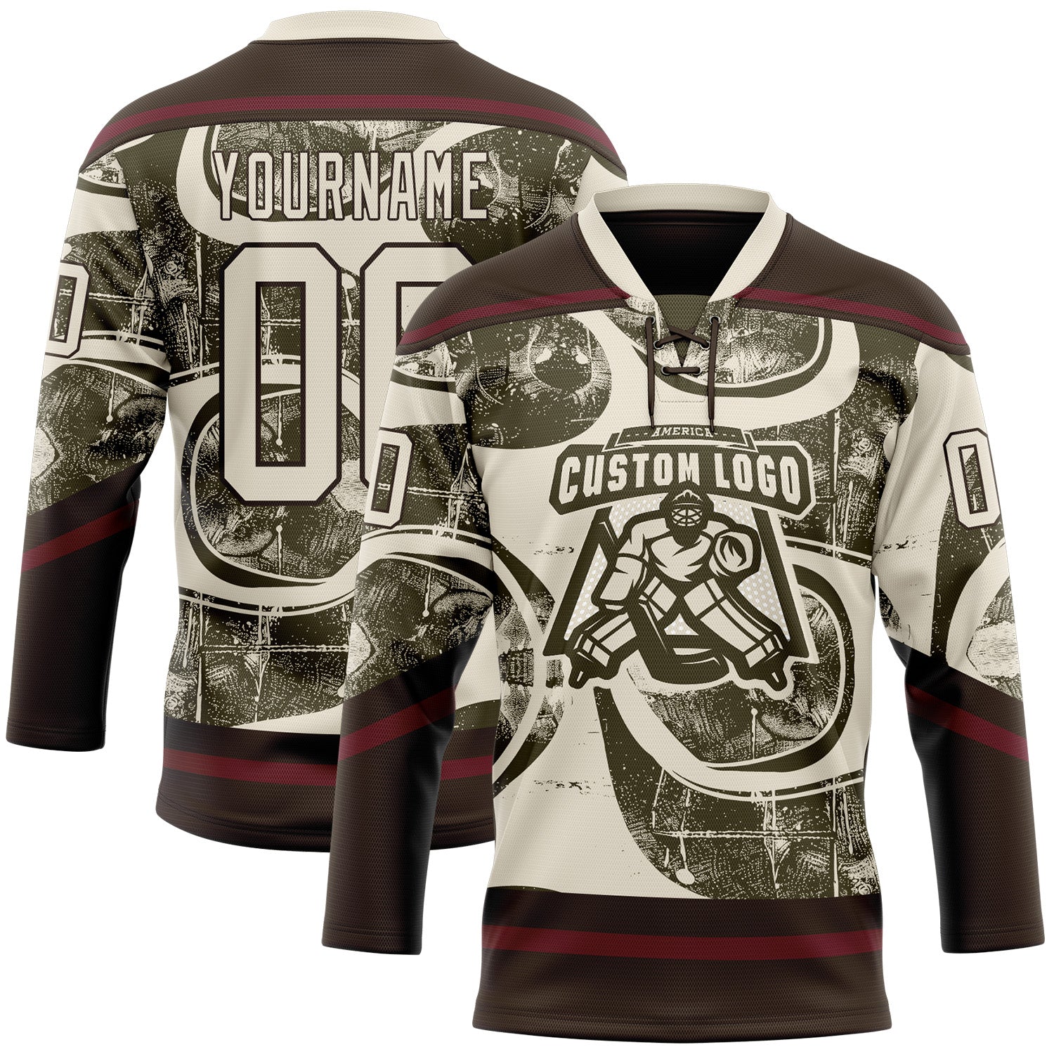 Custom Cream Olive Brown-Burgundy 3D Pattern Tribal Indigenous Grunge Splash Hockey Lace Neck Jersey