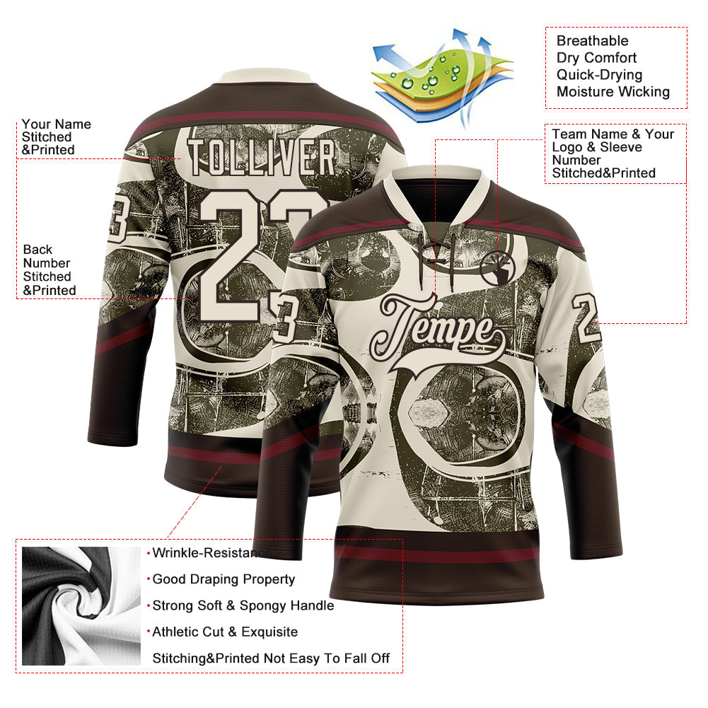 Custom Cream Olive Brown-Burgundy 3D Pattern Tribal Indigenous Grunge Splash Hockey Lace Neck Jersey