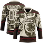 Custom Cream Olive Brown-Burgundy 3D Pattern Tribal Indigenous Grunge Splash Hockey Lace Neck Jersey
