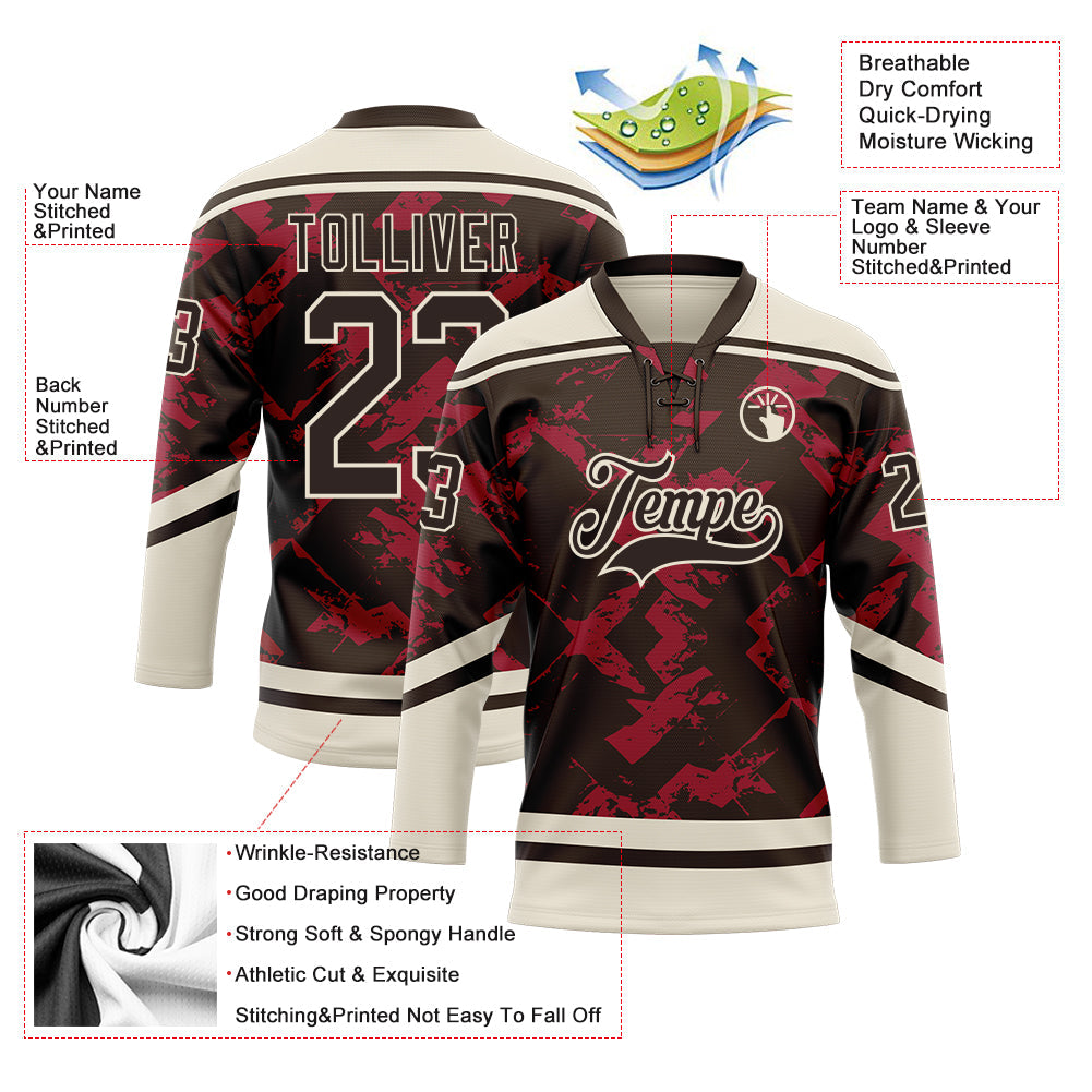 Custom Brown Red-Cream 3D Pattern Tribal Indigenous Grunge Splash Hockey Lace Neck Jersey