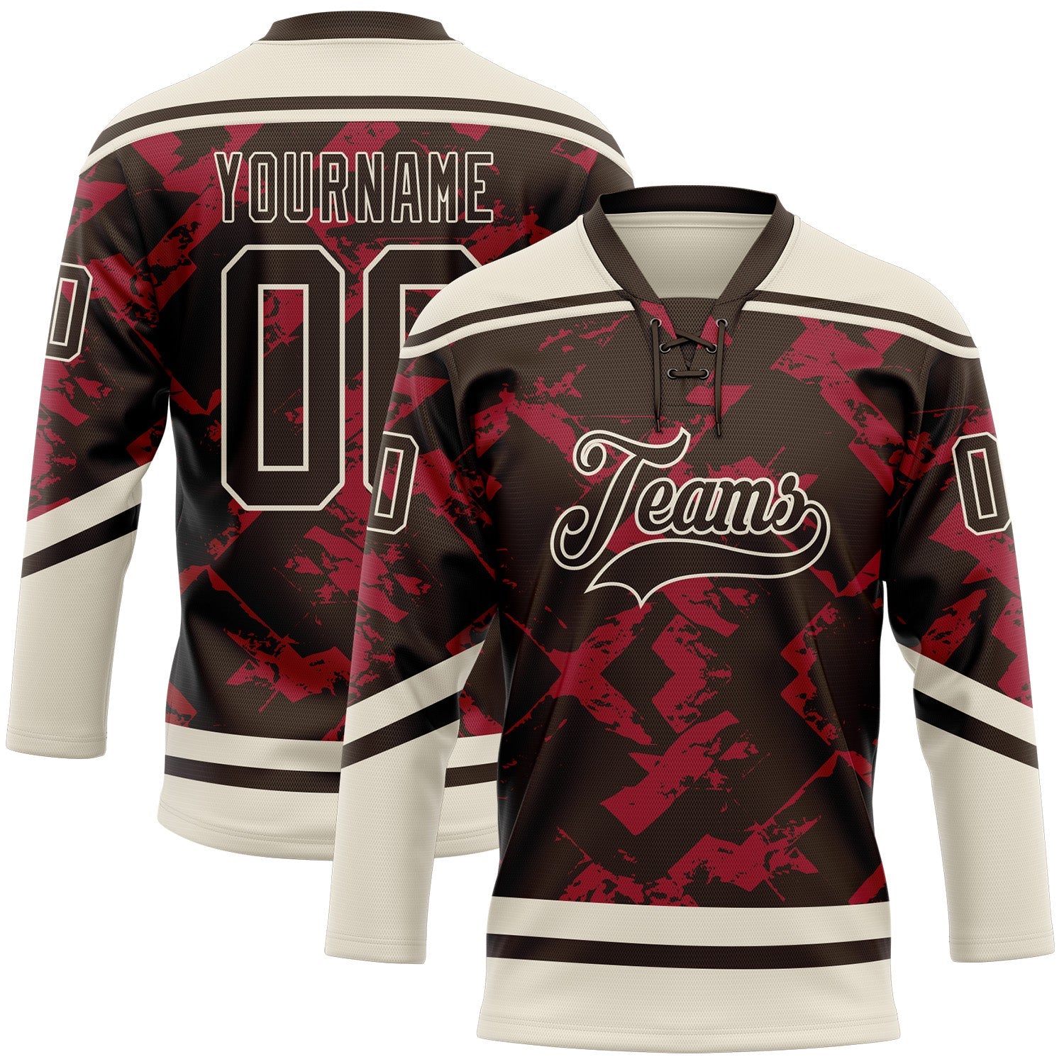 Custom Brown Red-Cream 3D Pattern Tribal Indigenous Grunge Splash Hockey Lace Neck Jersey