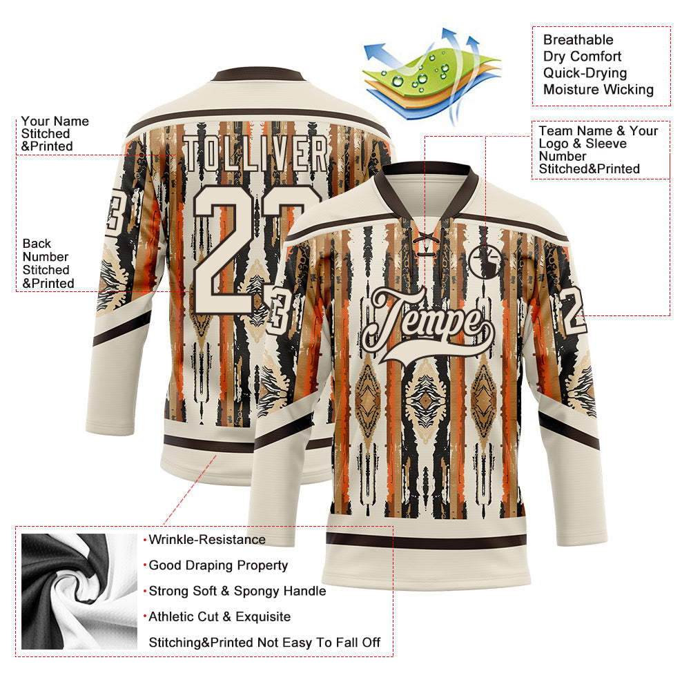 Custom Cream Brown Orange-Black 3D Pattern Tribal Indigenous Grunge Splash Hockey Lace Neck Jersey