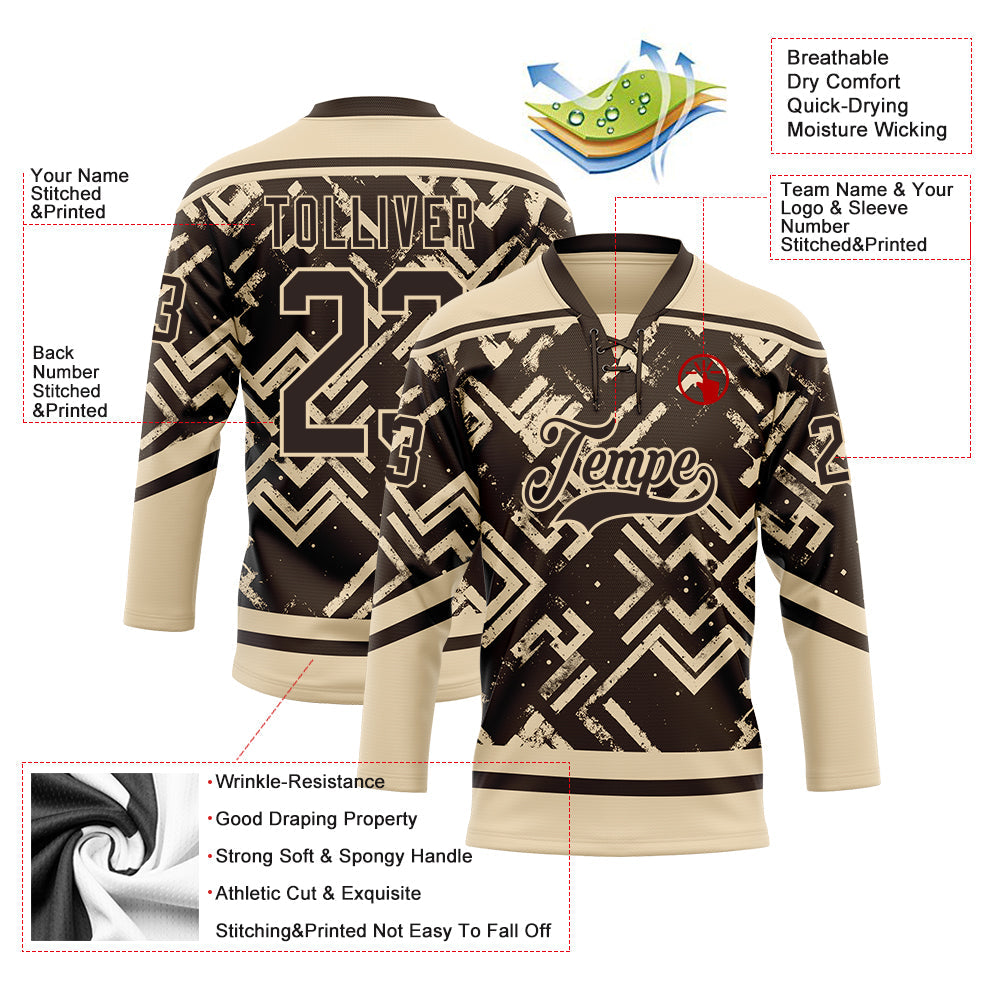 Custom Brown City Cream 3D Pattern Tribal Indigenous Grunge Geometric Splash Hockey Lace Neck Jersey
