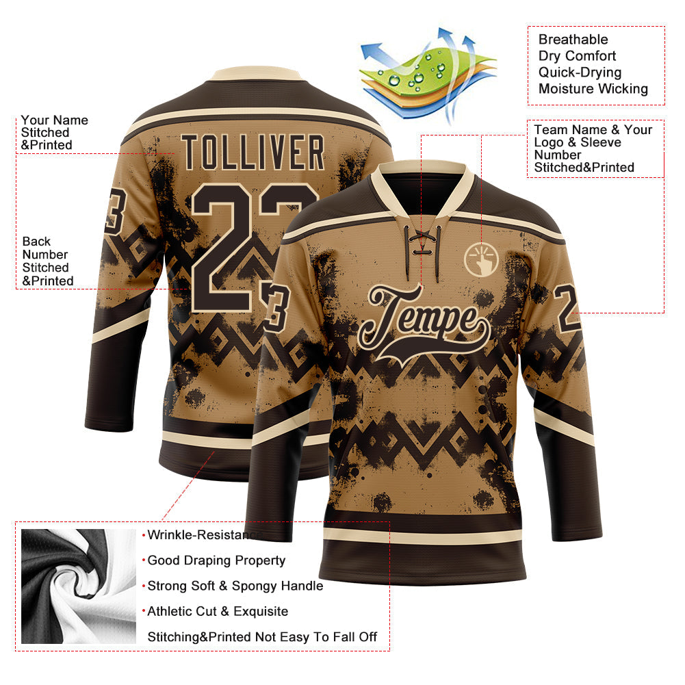 Custom Old Gold Brown-City Cream 3D Pattern Tribal Indigenous Grunge Geometric Splash Hockey Lace Neck Jersey