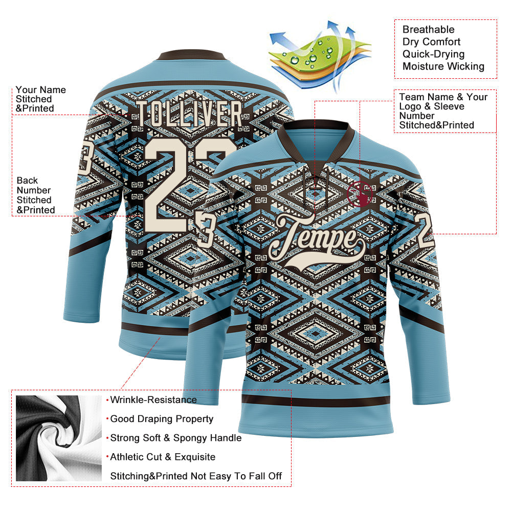 Custom Shadow Blue Cream-Brown 3D Pattern Tribal Indigenous Grunge Geometric Splash Hockey Lace Neck Jersey