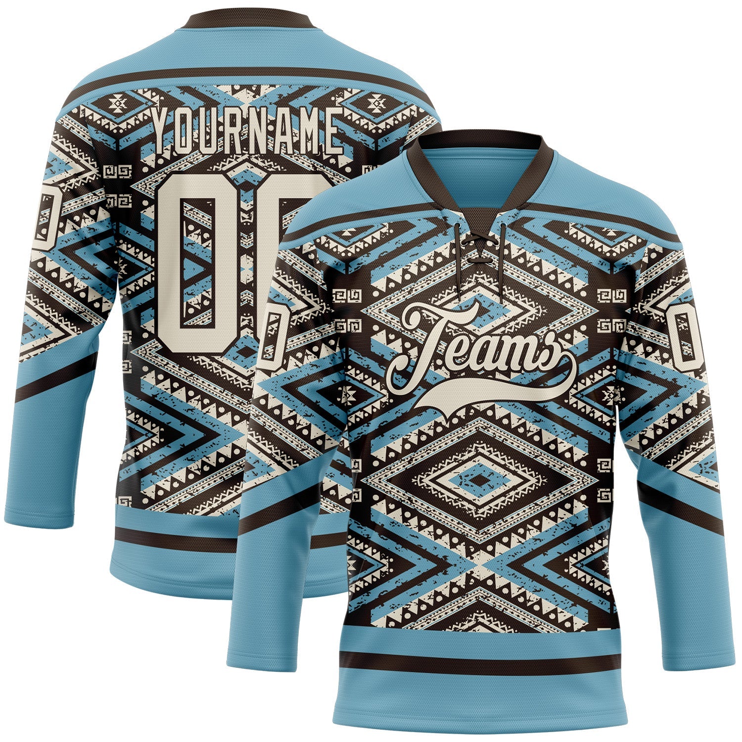 Custom Shadow Blue Cream-Brown 3D Pattern Tribal Indigenous Grunge Geometric Splash Hockey Lace Neck Jersey