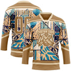 Custom Old Gold Blue-Cream 3D Pattern Tribal Indigenous Grunge Geometric Splash Hockey Lace Neck Jersey