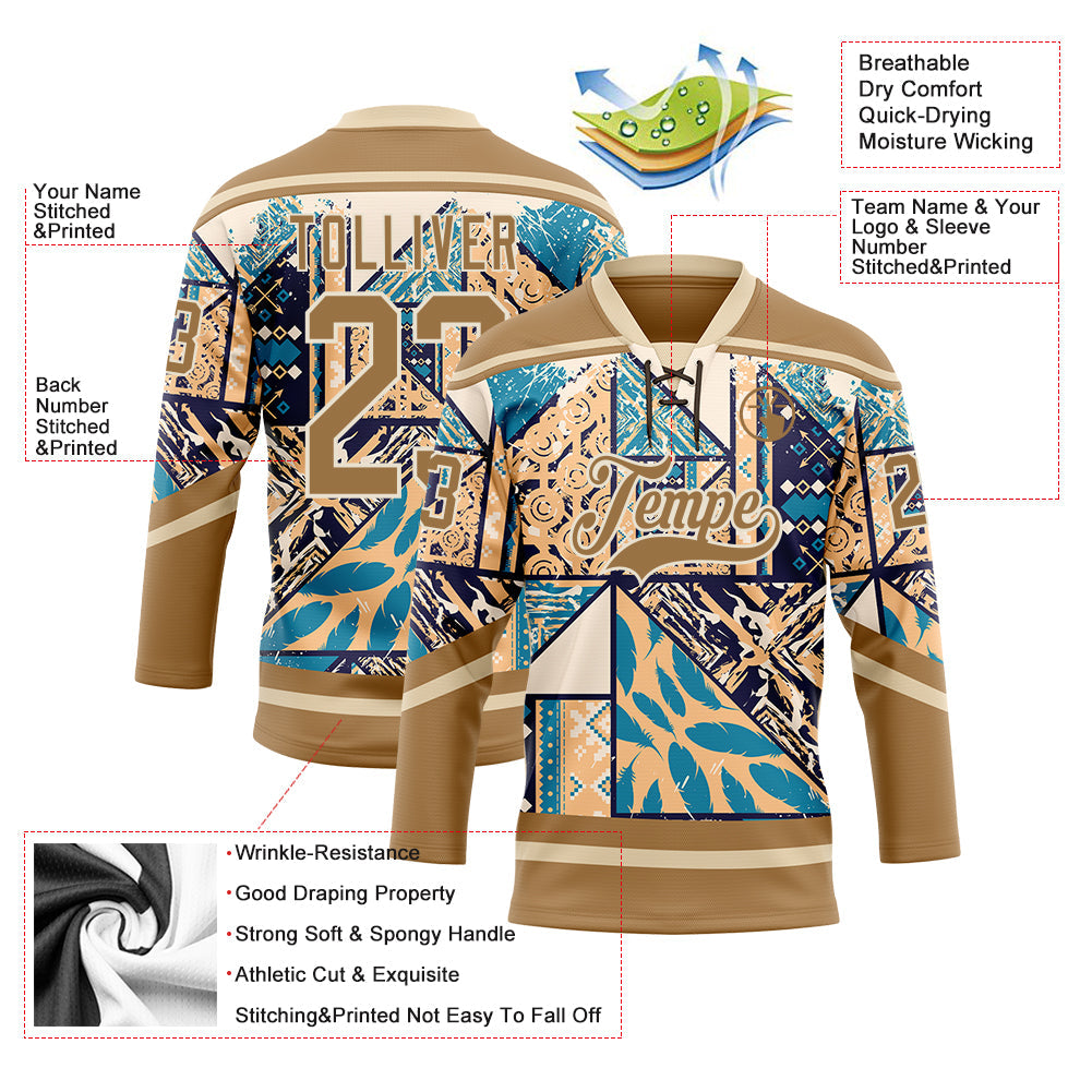 Custom Old Gold Blue-Cream 3D Pattern Tribal Indigenous Grunge Geometric Splash Hockey Lace Neck Jersey