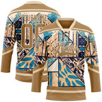 Custom Old Gold Blue-Cream 3D Pattern Tribal Indigenous Grunge Geometric Splash Hockey Lace Neck Jersey