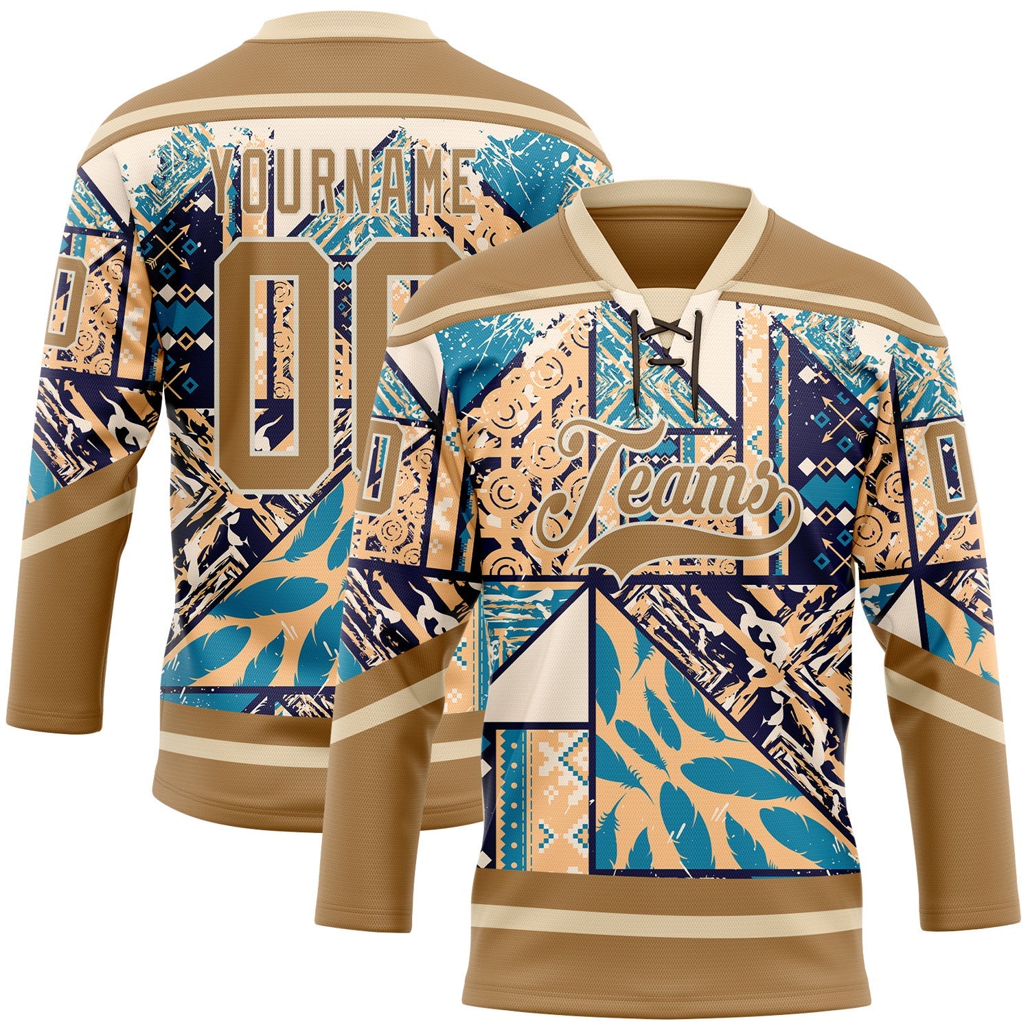 Custom Old Gold Blue-Cream 3D Pattern Tribal Indigenous Grunge Geometric Splash Hockey Lace Neck Jersey