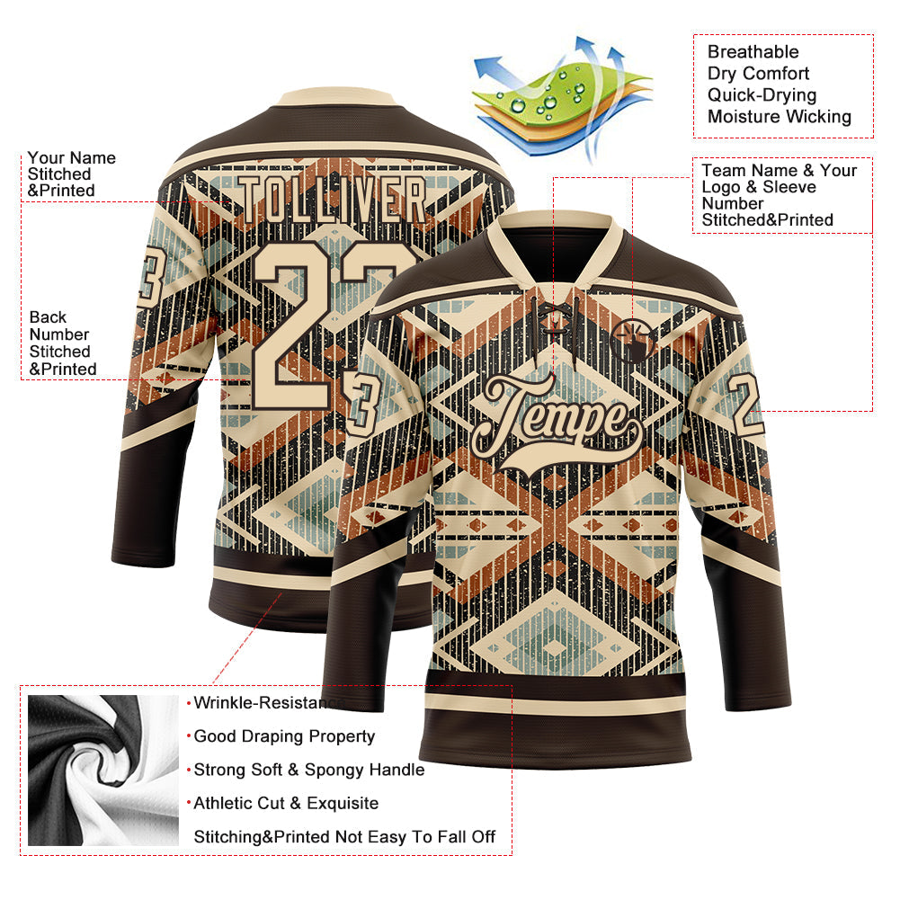 Custom Brown City Cream Orange-Blue 3D Pattern Tribal Indigenous Grunge Geometric Splash Hockey Lace Neck Jersey