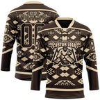 Custom Brown City Cream 3D Pattern Tribal Indigenous Grunge Geometric Splash Hockey Lace Neck Jersey