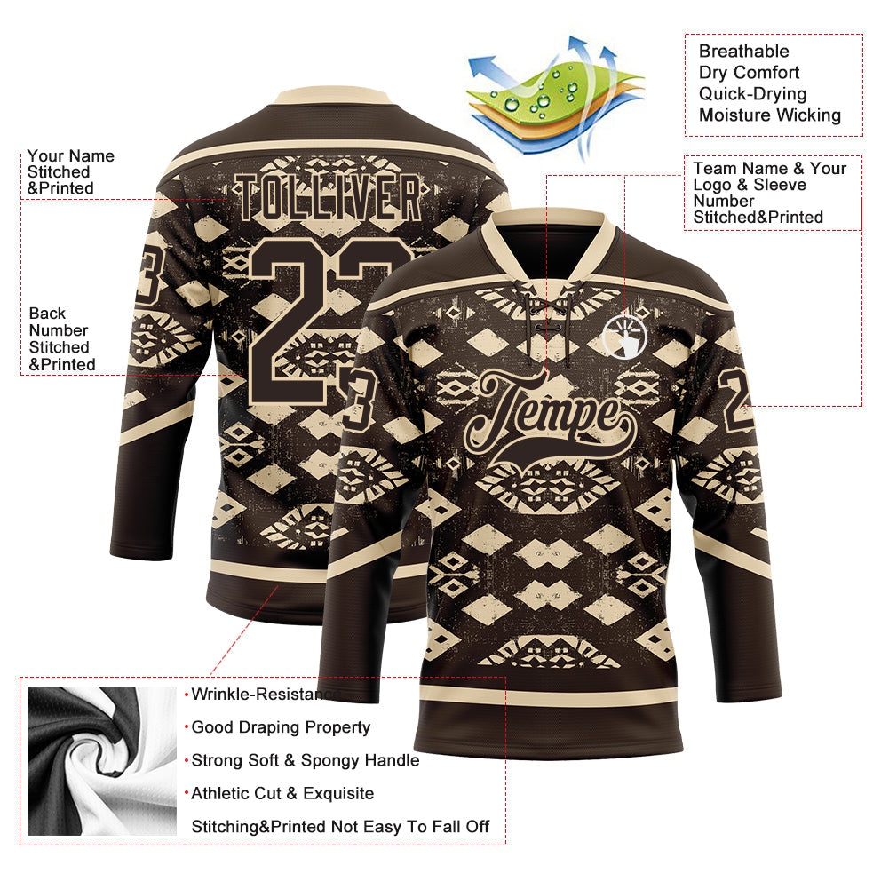 Custom Brown City Cream 3D Pattern Tribal Indigenous Grunge Geometric Splash Hockey Lace Neck Jersey