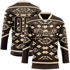 Custom Brown City Cream 3D Pattern Tribal Indigenous Grunge Geometric Splash Hockey Lace Neck Jersey