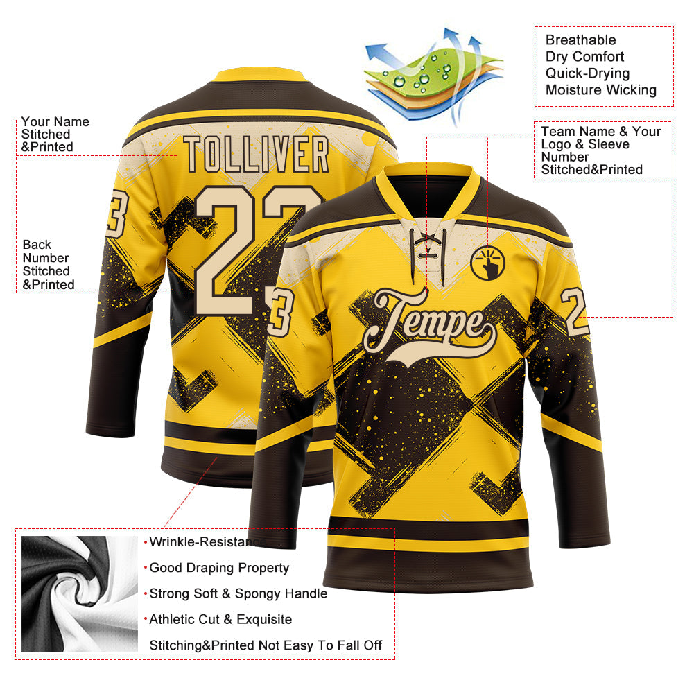 Custom Yellow City Cream-Brown 3D Pattern Tribal Indigenous Grunge Geometric Splash Hockey Lace Neck Jersey