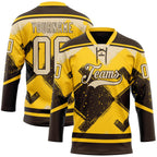 Custom Yellow City Cream-Brown 3D Pattern Tribal Indigenous Grunge Geometric Splash Hockey Lace Neck Jersey