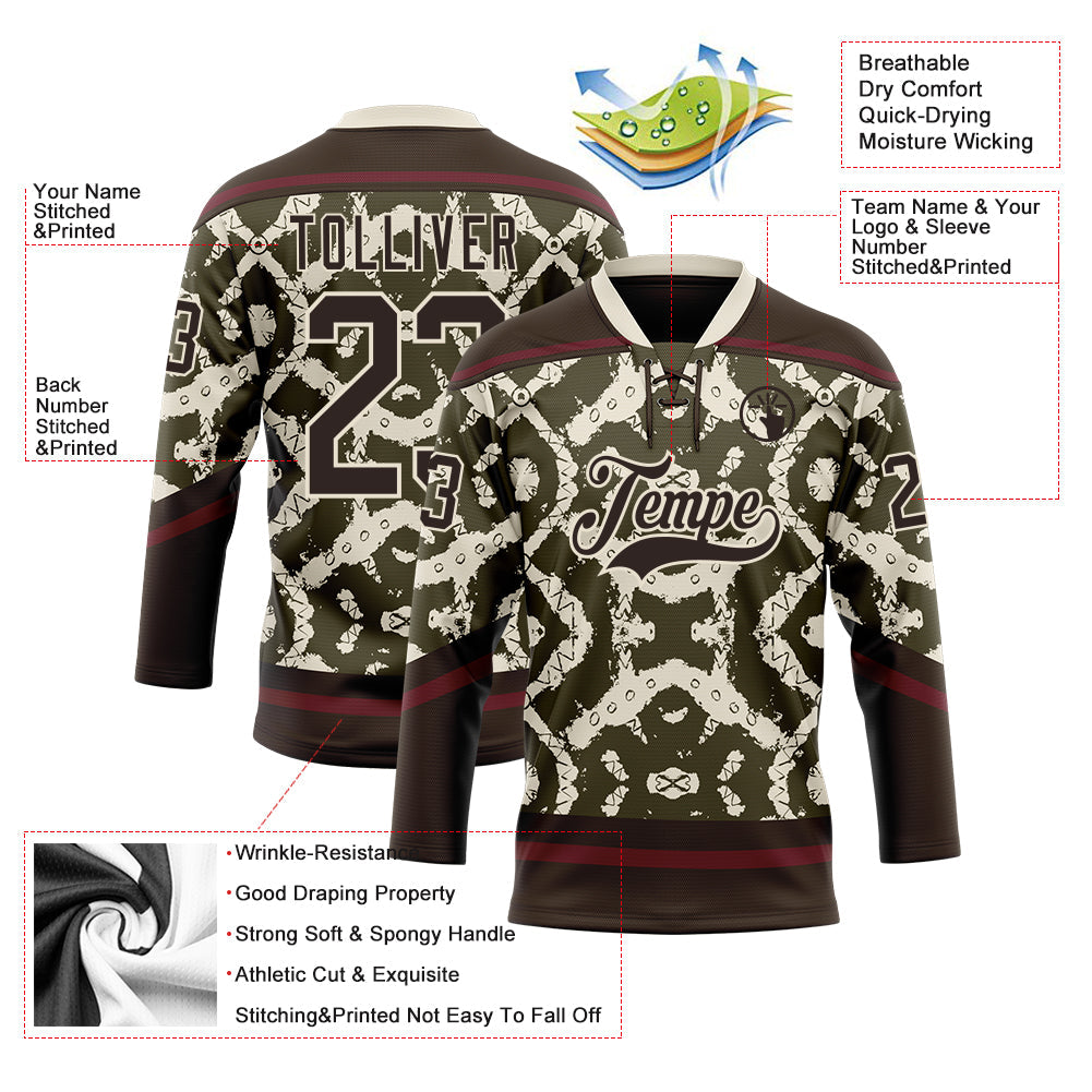 Custom Olive Brown Cream-Burgundy 3D Pattern Tribal Indigenous Grunge Splash Hockey Lace Neck Jersey