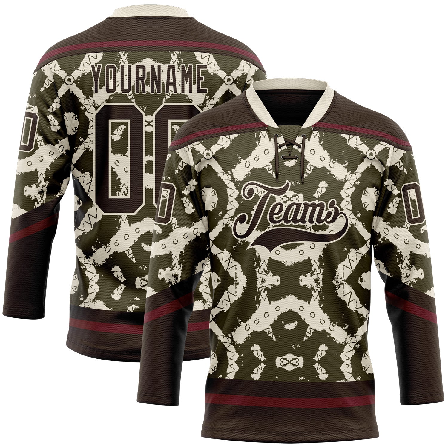 Custom Olive Brown Cream-Burgundy 3D Pattern Tribal Indigenous Grunge Splash Hockey Lace Neck Jersey