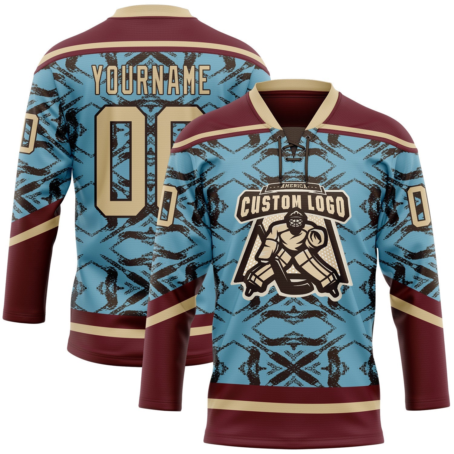 Custom Blue Vegas Gold Burgundy-Brown 3D Pattern Tribal Indigenous Grunge Splash Hockey Lace Neck Jersey