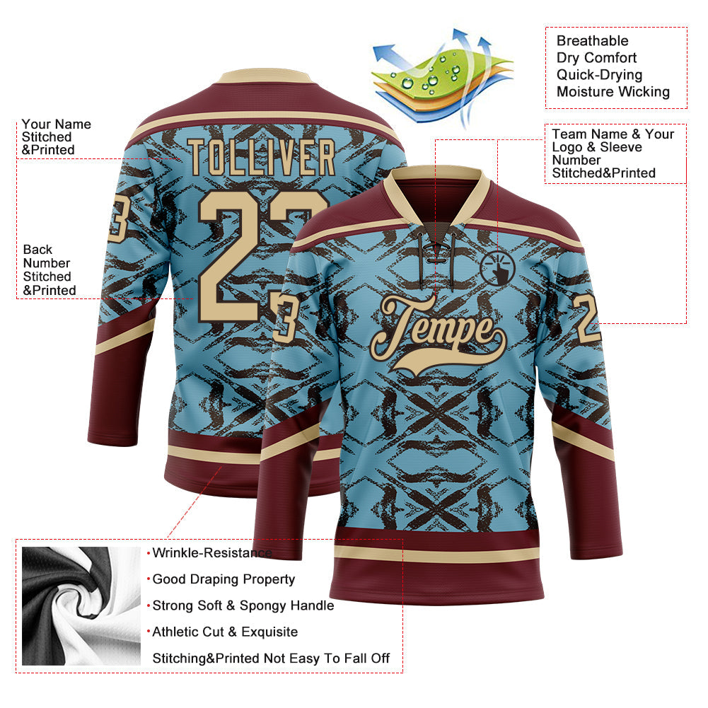 Custom Blue Vegas Gold Burgundy-Brown 3D Pattern Tribal Indigenous Grunge Splash Hockey Lace Neck Jersey