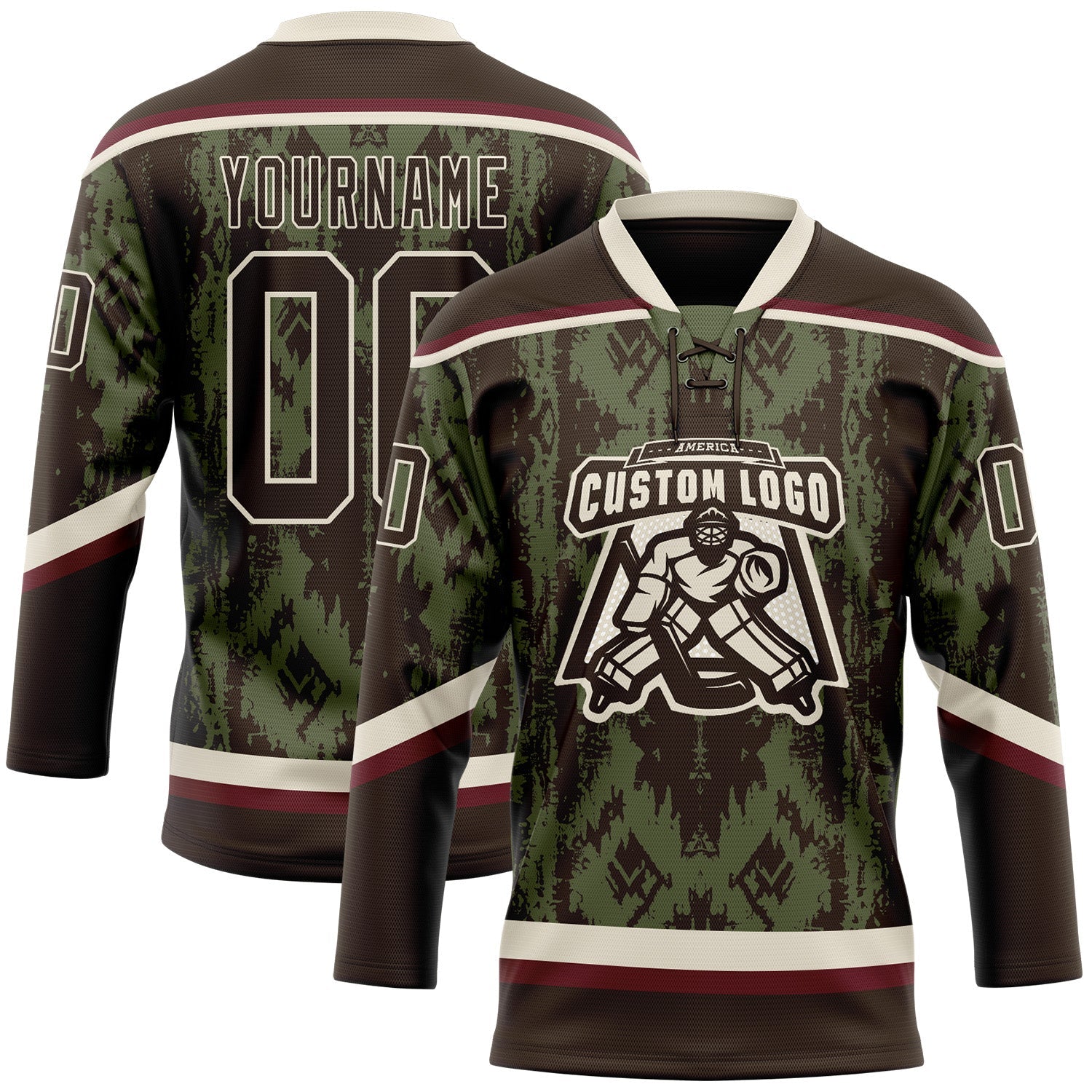 Custom Olive Brown Cream-Burgundy 3D Pattern Tribal Indigenous Grunge Splash Hockey Lace Neck Jersey