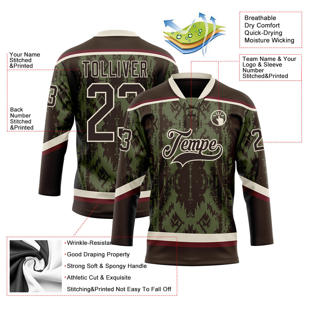Custom Olive Brown Cream-Burgundy 3D Pattern Tribal Indigenous Grunge Splash Hockey Lace Neck Jersey