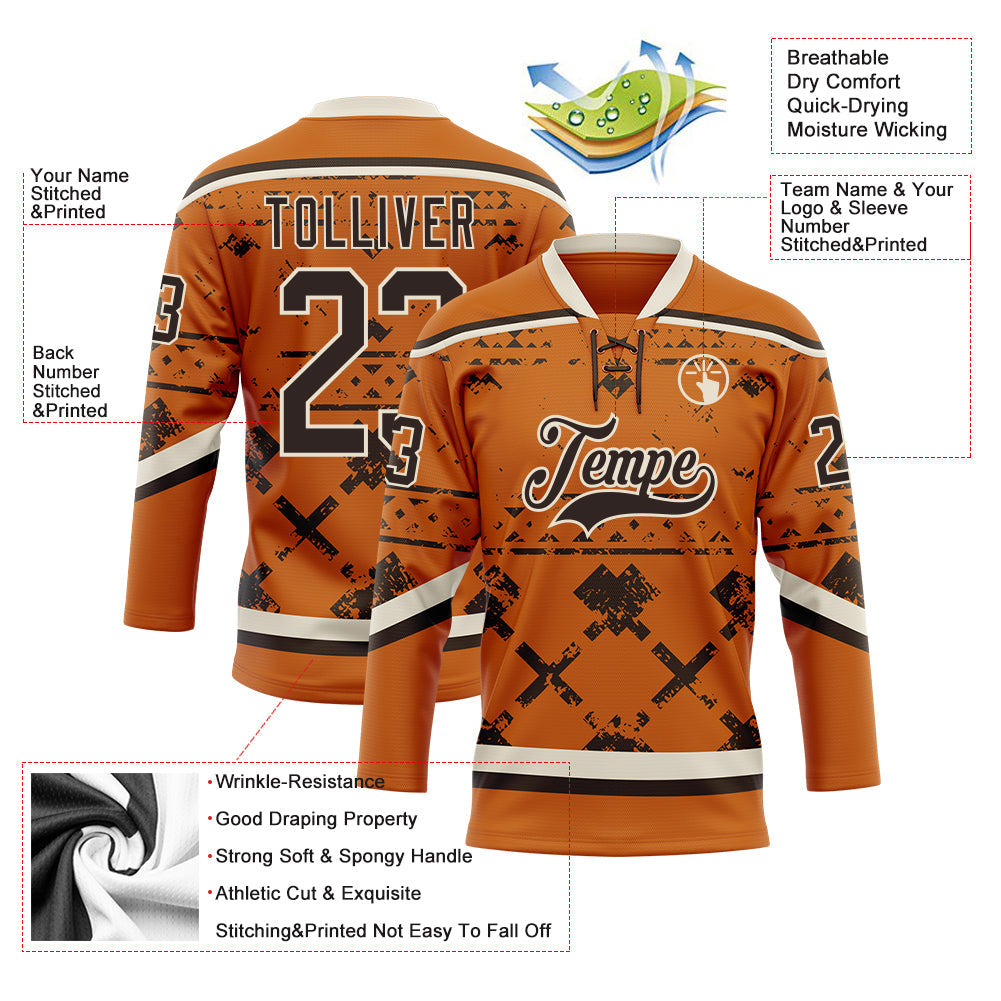 Custom Texas Orange Brown-Cream 3D Pattern Tribal Indigenous Grunge Splash Hockey Lace Neck Jersey