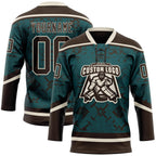 Custom Midnight Green Brown-Cream 3D Pattern Tribal Indigenous Grunge Splash Hockey Lace Neck Jersey