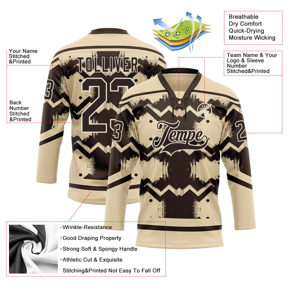 Custom City Cream Brown-Cream 3D Pattern Tribal Indigenous Grunge Geometric Splash Hockey Lace Neck Jersey