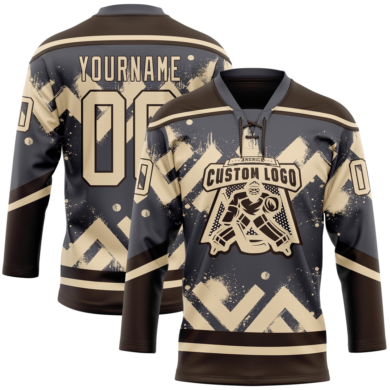 Custom Steel Gray City Cream-Brown 3D Pattern Tribal Indigenous Grunge Geometric Splash Hockey Lace Neck Jersey