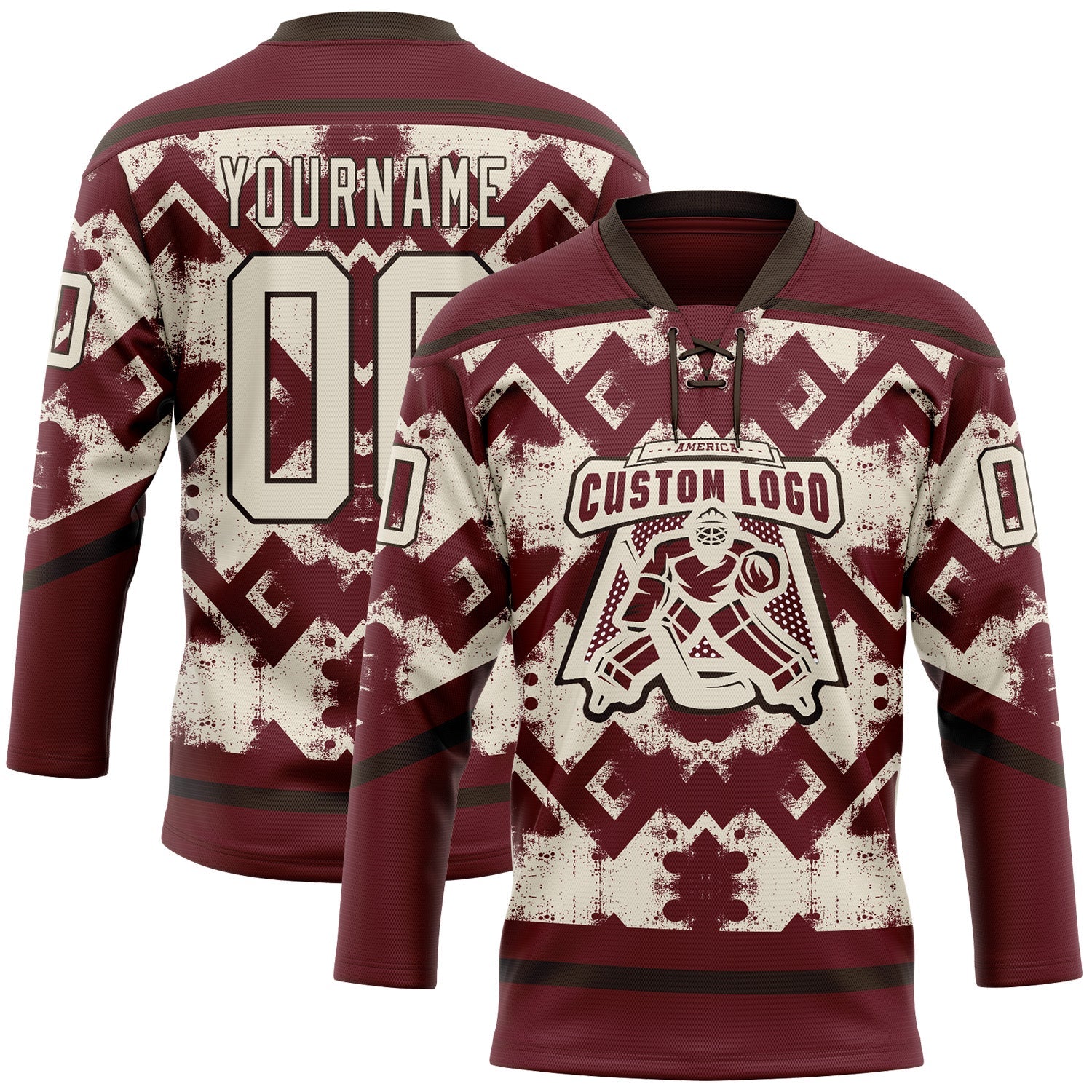 Custom Burgundy Cream-Brown 3D Pattern Tribal Indigenous Grunge Geometric Splash Hockey Lace Neck Jersey